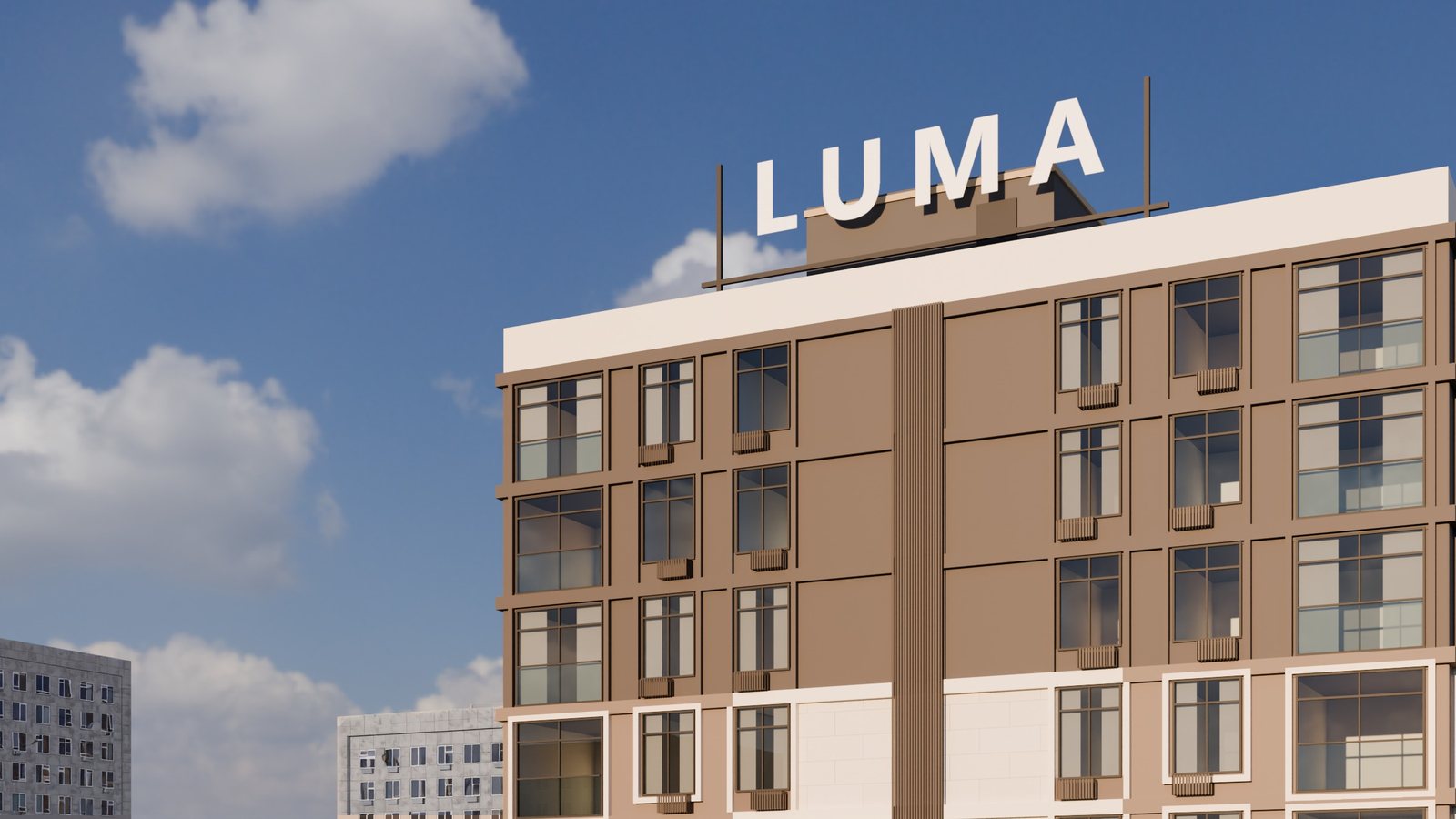 Кадр из модели: верх башни с вывеской LUMA в вечернем солнце